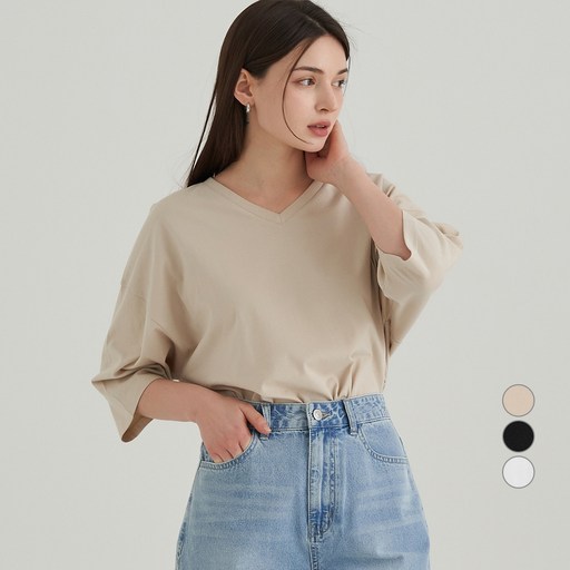 ELLE PARIS 여성용 통기성 오버핏 브이넥 7부 티셔츠