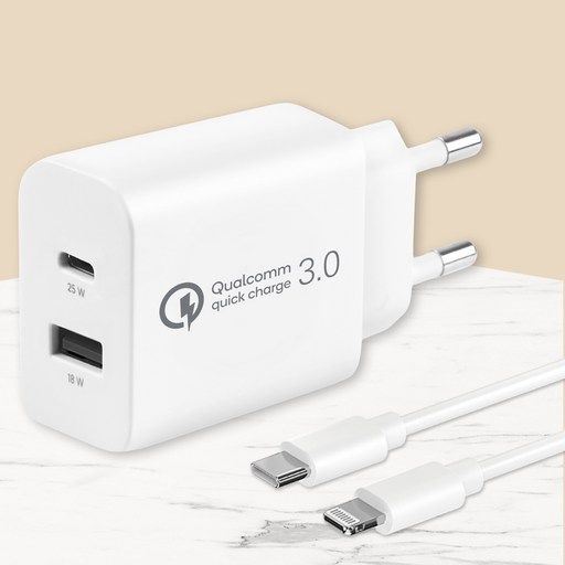 모잇 퀄컴 공식인증 QC 3.0 PD25W 2포트 PPS 초고속충전기 + 8핀 라이트닝 아이폰 케이블