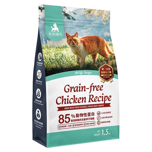 PetsTimes 毛孩時代 85%鮮雞肉無穀全貓糧, 1.5kg, 1袋, 腸胃保健
