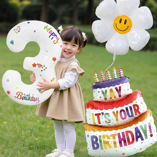 생일 파티 화이트 숫자 데이지 케이크 풍선 3종 세트