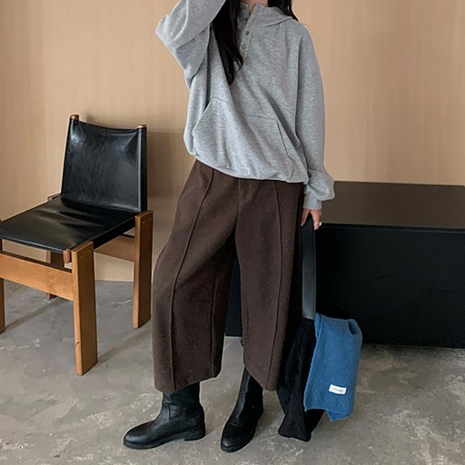 네모엔룩 벌룬레그 여성용 기모 정장 핀턱 와이드 큐롯 가을 겨울 슬랙스 7부 8부 모직 버뮤다 팬츠