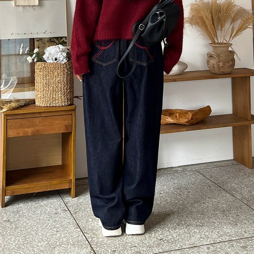 디아미뇽 디모덴 레드 스티치 뒷 비조 생지 와이드 팬츠