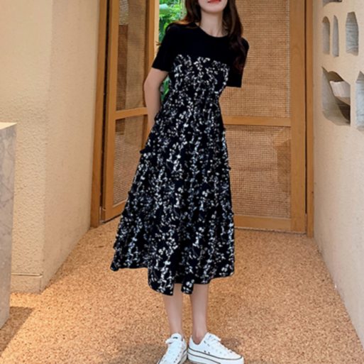 어썸유닛 반팔 롱원피스 플라워 A라인