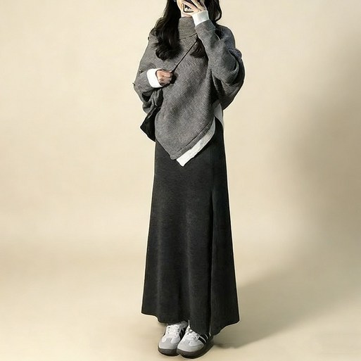 여성 투피스 세트 가을 겨울 니트 언발 폴라 긴팔 스웨터 롱 스커트 슬림소녀