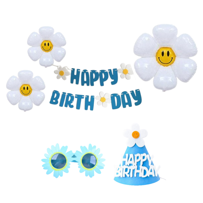 연지마켓 생일파티 용품 세트 데이지 풍선 생일 가랜드 안경 고깔, 1세트, 07블루 기본