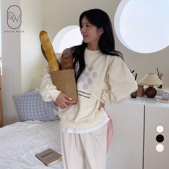 디테일웨어 여성 간절기 파스텔 플라워 맨투맨 탄탄한 쭈리원단 루즈핏 긴소매 티셔츠 빅사이즈 여자맨투맨 데일리룩