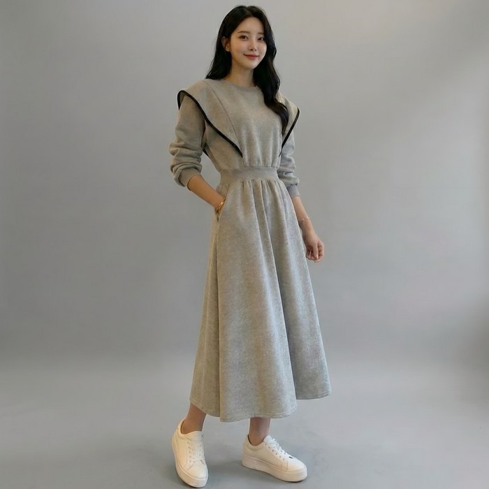 허리 밴딩 플레어 롱 기모 원피스