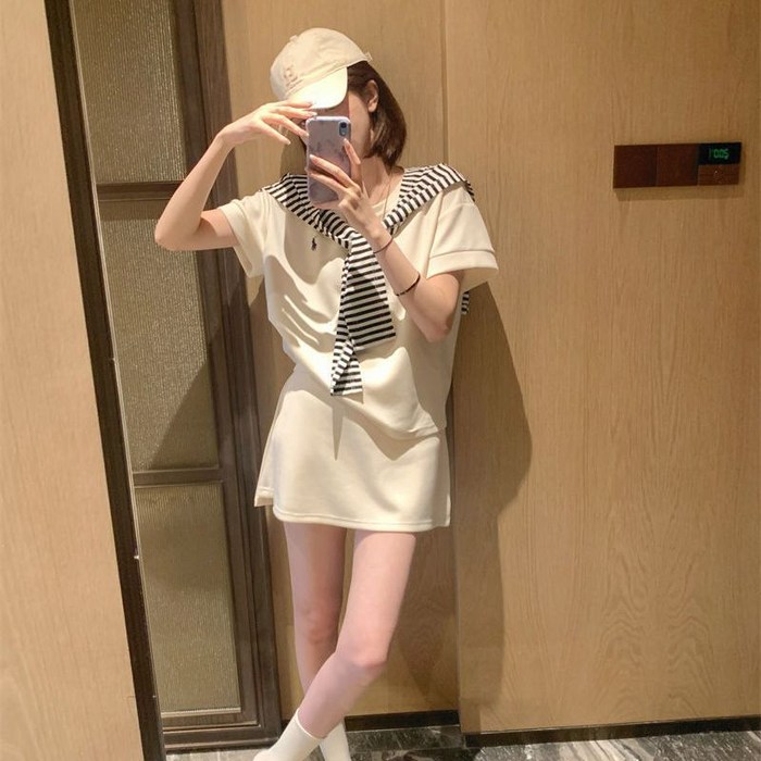 KDNC 여성 스커트 세트 H라인 반팔티 트레이닝복 세트 캐주얼 상하 투피스 숄