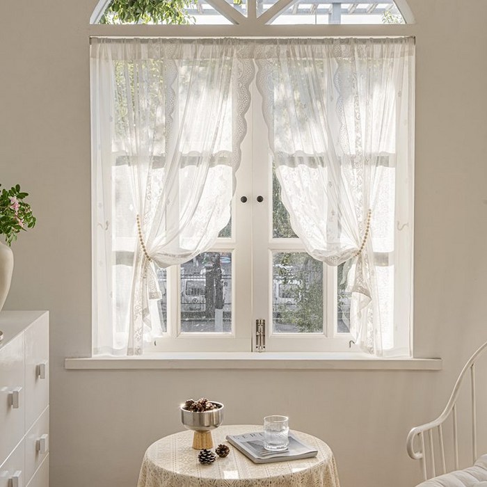 YYT 우아한 화이트 레이스 자수 창문 커튼 예쁜 양문형 가리개 커튼 홈 데코레이션용 장식용 다용도