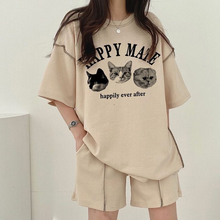 이서어패럴 고양이프린팅 반팔티 상하세트23247