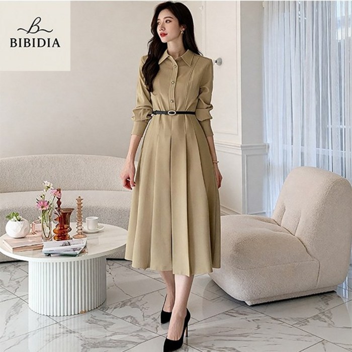 비비디아 여성용 벨트 A라인 플리츠 셔츠 긴팔 원피스 베이지 하객룩 오피스룩 5560