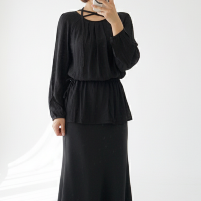 어서스 여성의류 스트링 타이블라우스 레이어드 코디 롱 여성 블라우스 데일리룩