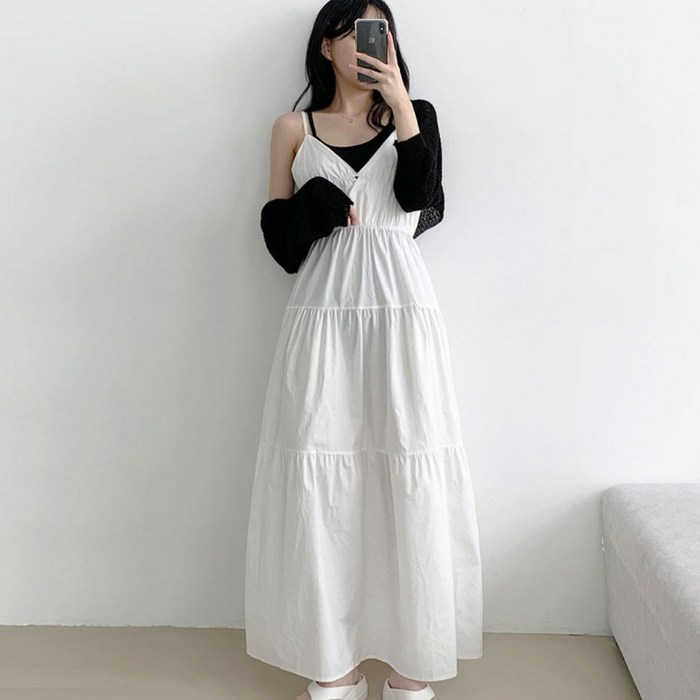 부기샵 썬라잇 체형커버 원피스 바스락 뒷리본 뷔스티에 캉캉 나시끈 롱원피스