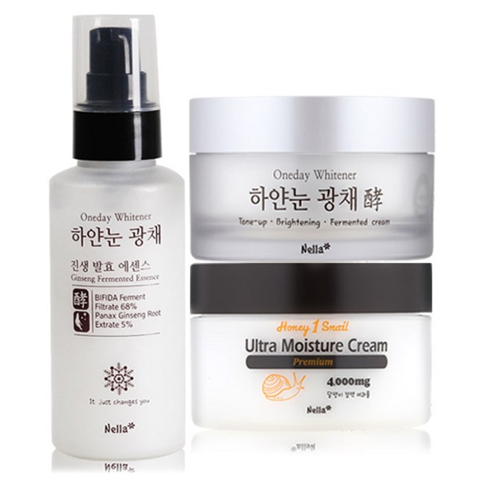 넬라 하얀눈 광채 에센스 100ml 톤업 발효 크림 50ml 프리미엄 달팽이 크림 80ml 세트, 1세트