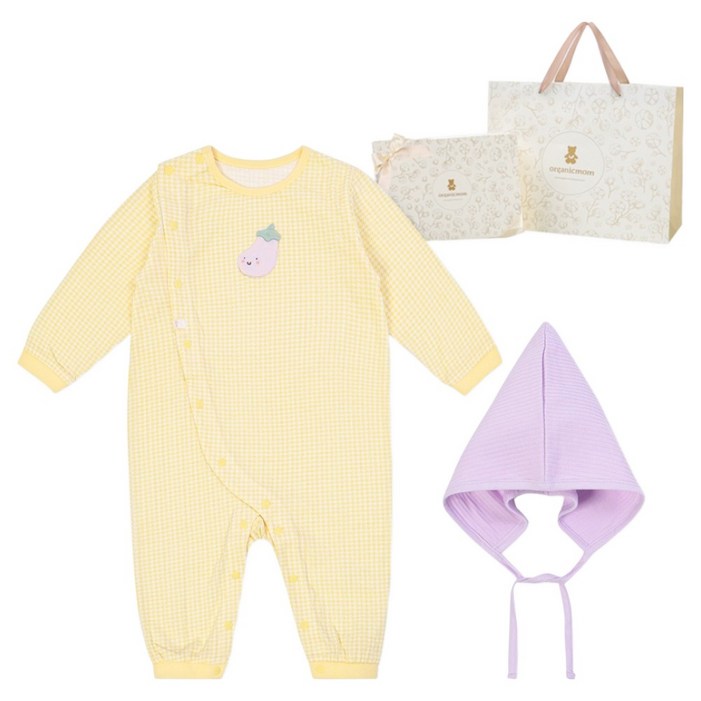 오가닉맘 신생아용 라벤 체크 긴소 우주복 MISLQE02  모자  목화기프트박스 세트  쇼핑백