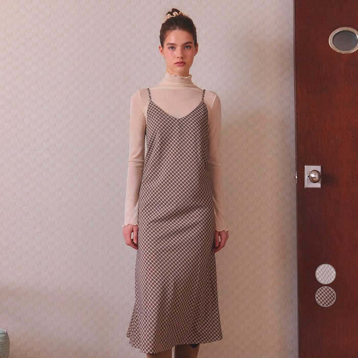 비키 여성용 빈티지 체크 뷔스티에 롱 원피스 TJOAH2503