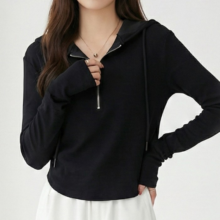 파라다이소 여성용꾸안꾸슬림핏반집업크롭후드티셔츠