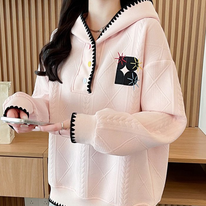 메이첼 루아벨 자카드 단추 후드 긴팔 맨투맨 11457