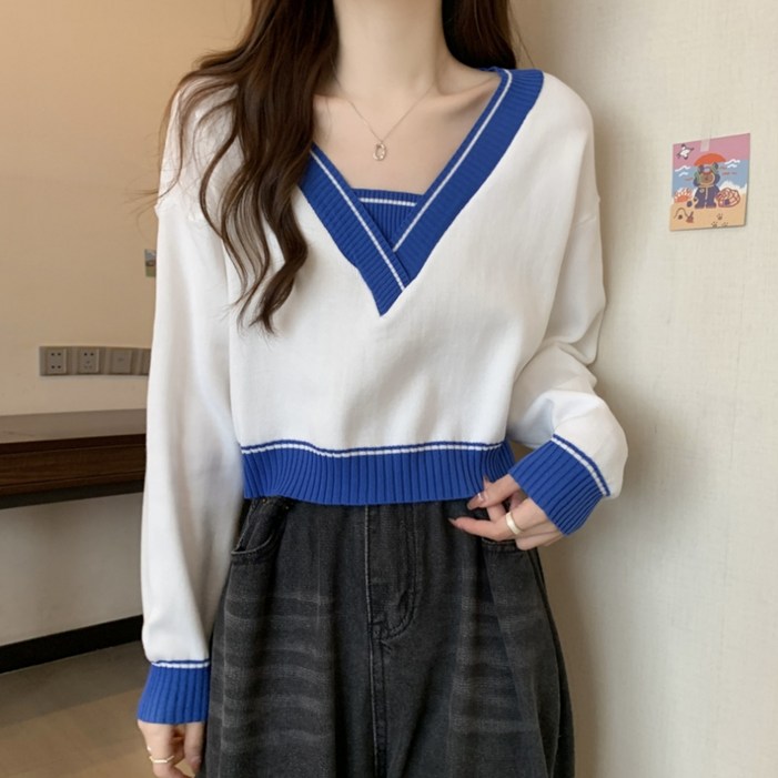 알로데 여성용 크롭 배색 니트 티셔츠