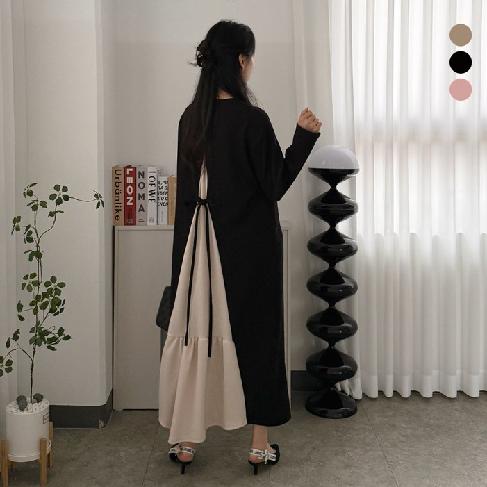 디테일웨어 여성 세모 배색 무지 롱원피스 빅사이즈 임부복 간절기 프릴 긴팔 원피스 구김없는 링클프리 데일리원피스