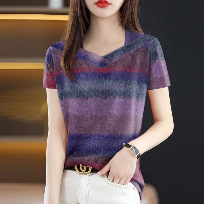 유니픽봄여름 캐주얼룩 편안한 면 V넥 반팔 줄무늬 티셔츠 루즈핏cjg