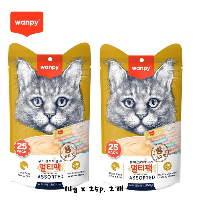완피 크리미 퓨레 14g x 25p x 2봉, 짜먹는 고양이 츄르 간식, 14g 50개, 2팩, 350g, 혼합 완피 크리미 퓨레 14g x 25p x 2봉, 짜먹는 고양이 츄르 간식, 14g 50개, 2팩, 350g, 혼합