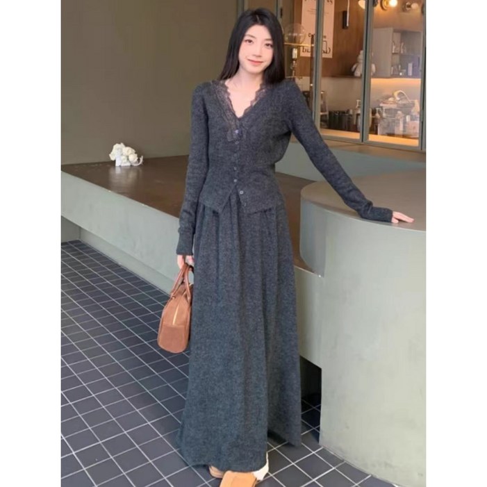 ANYOU 여성 가을겨울 롱스커트 세트 부드러운 편안함 여성복