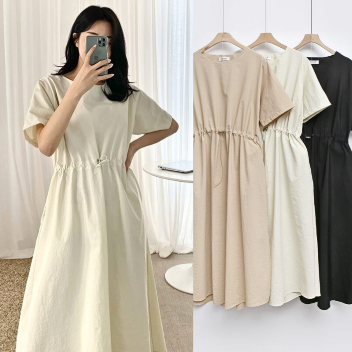 뮤앤뮤즈 국내제작 5577 여유핏 허리 스트링 바스락 원피스