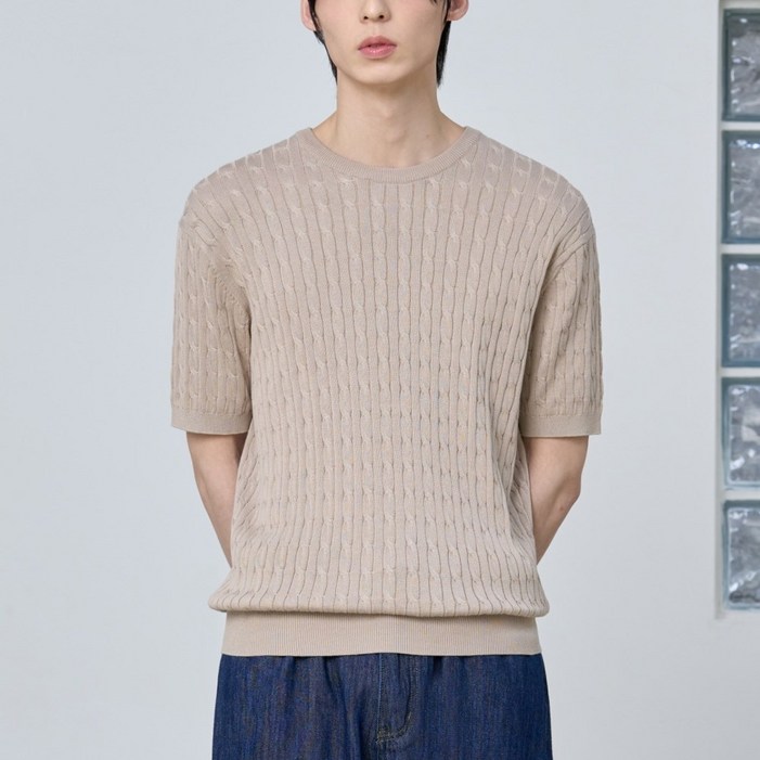 7차 리오더세탁기 사용 가능 코튼 모달 워셔블 크루넥 케이블 니트 여름 반팔 반소매 시원한 여름니트 꽈배기 패턴