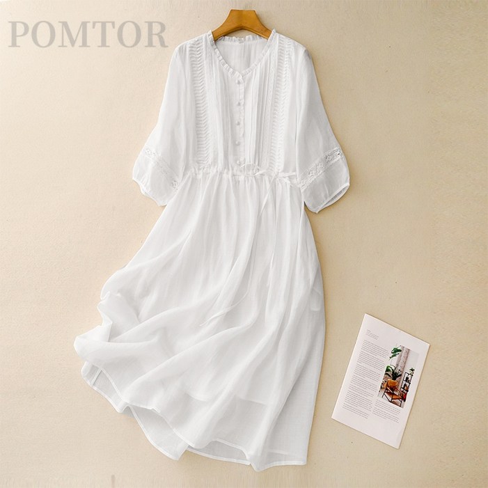 POMTOR 여성 면마 원피스 봄여름 화이트 원피스