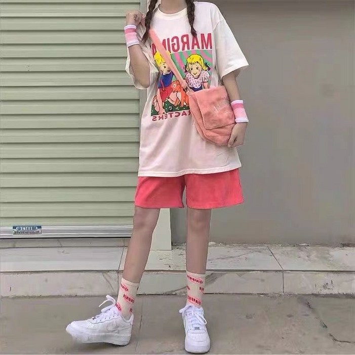 세인트이브 SET5015 여성 여름 배색 박시티 밴딩반바지 세트