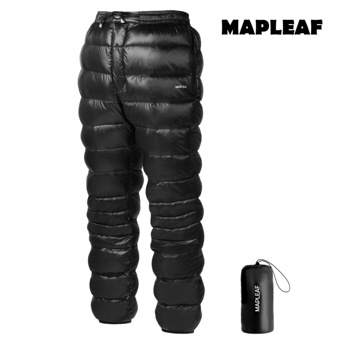 MAPLEAF 다운 팬츠 블랙 800 필파워 FP 보온 방한 주머니 포함 YKK 지퍼 방풍 발수 경량 휴대 용이 남녀 공용 보온 팬츠 겨울용 수납백 포