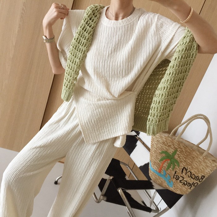 [아이미마인] 굿데이 링클프리 라운드 언발단추 반팔티 밴딩 와이드팬츠 여름 투피스세트 (4color)