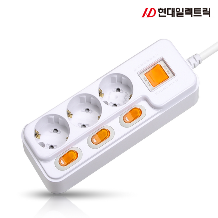 현대 국산 접지 개별 과부하차단 스위치 멀티탭 멀티콘센트 3구 16A, 1.5m, 화이트, 1개 현대 국산 접지 개별 과부하차단 스위치 멀티탭 멀티콘센트 3구 16A, 1.5m, 화이트, 1개