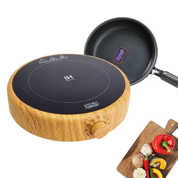 키친플라워 원형 우드 1구 인덕션 전기렌지 2000W 고출력 휴대용 캠핑용 인덕션 후라이팬 사은품 증정