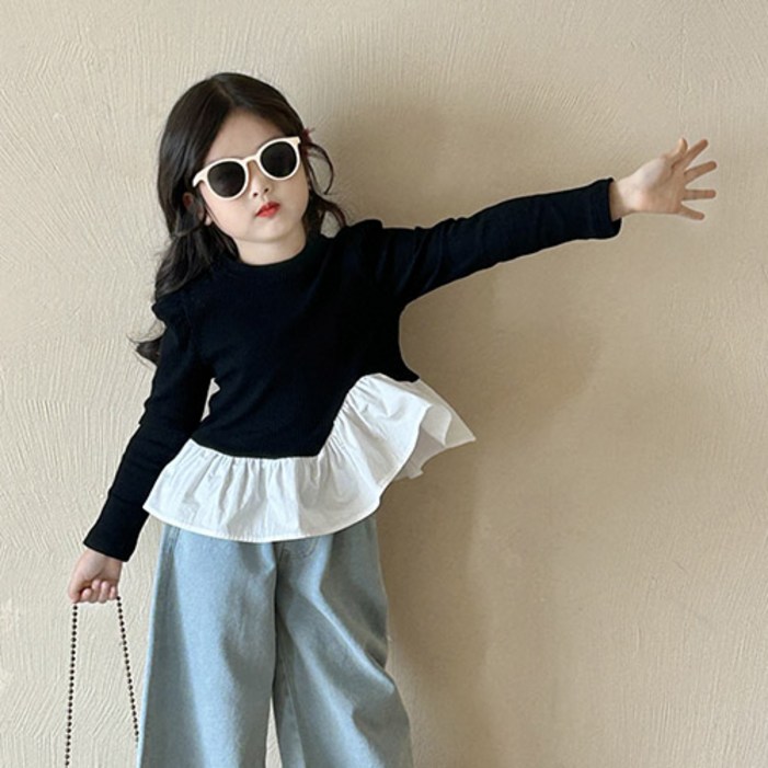 베스더스 유아동 여아 골지 프릴 배색 언발란스 티셔츠