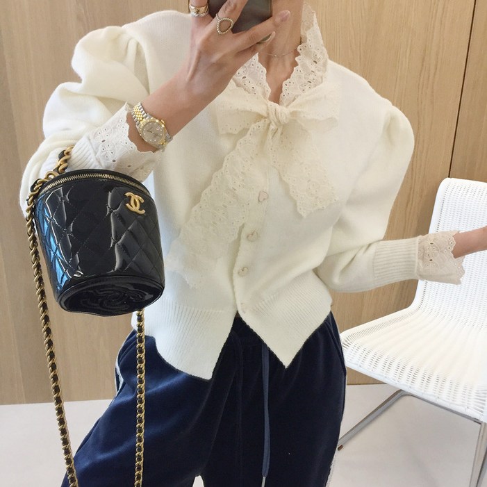 [아이미마인] 리본타이 레이스자수 레이어드 퍼프 니트 가디건 (4color)