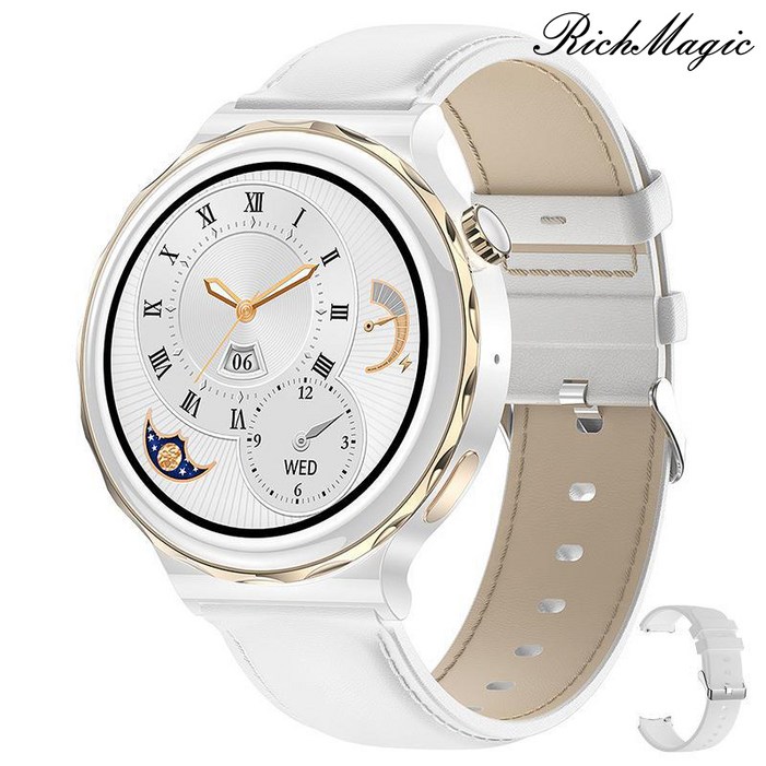 RichMagic HK43 1.36인치 여성 패션 스마트워치 블루투스통화 무선충전 GPS NFC IP68방수 스포츠워치 43mm, 골드