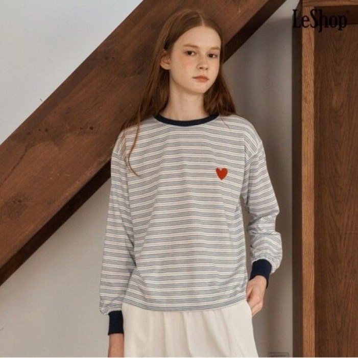 르샵. 라운드넥 스트라이프 하트 자수 긴팔 티셔츠 DP3LW020A