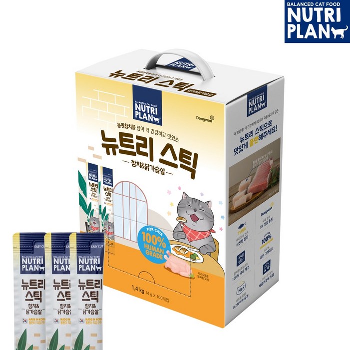동원 뉴트리플랜 뉴트리스틱 고양이 간식 츄르 대용량, 참치닭가슴살, 14g, 100개입