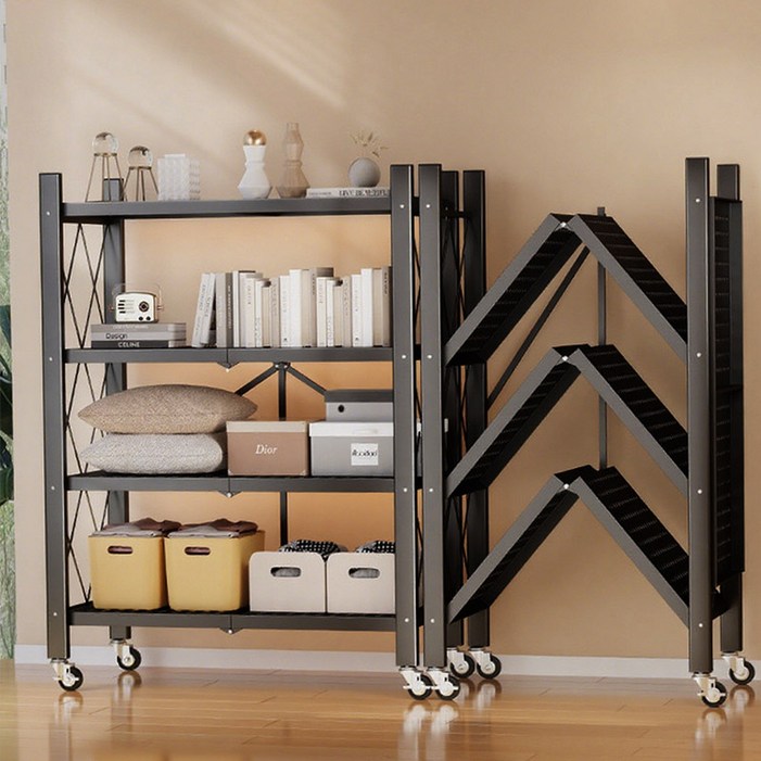 Tiger Pavilion 원터치 접이식 이동가능 철제 스탠드 선반, 4단, 블랙