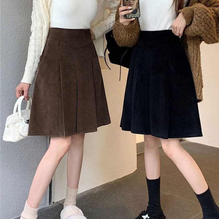 TKX 미디 스커트 여성용 가을 겨울 플리츠 스커트 하이웨이스트 A라인 빅사이즈 오피스룩 K37