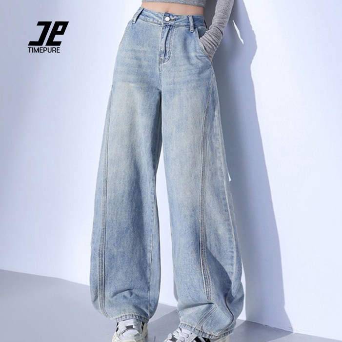 TIMEPURE 여성 커브드 데님 팬츠 체형 커버 와이드 핏 청바지