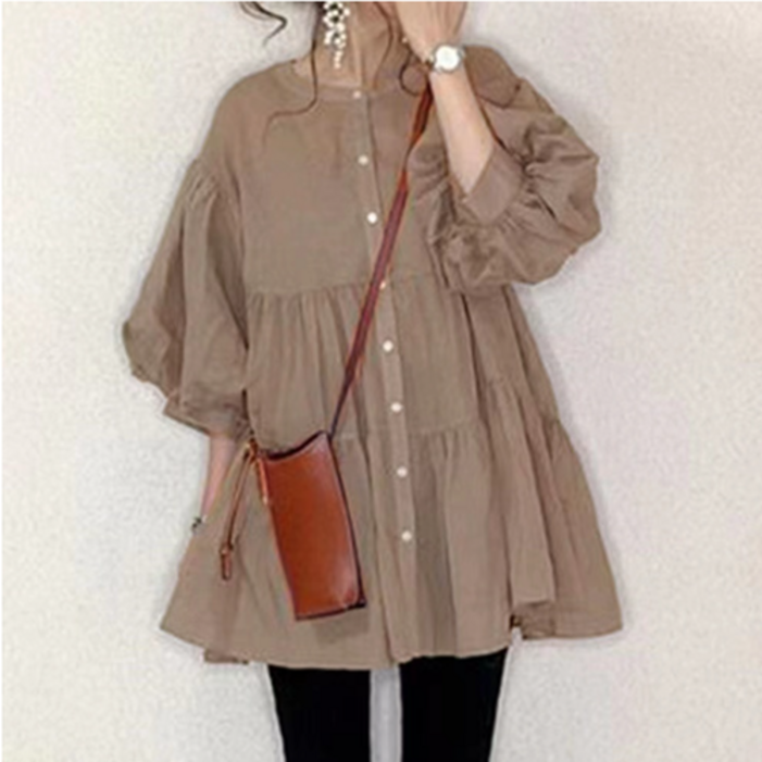 Kdragon 여성 내추럴 루즈핏 A라인 퍼프소매 셔링 7부 블라우스 데일리 캐주얼