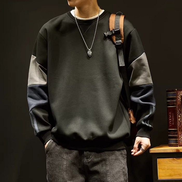 ANYOU 남성 캐주얼 면질 배색 라운드 긴팔티 오버핏 맨투맨