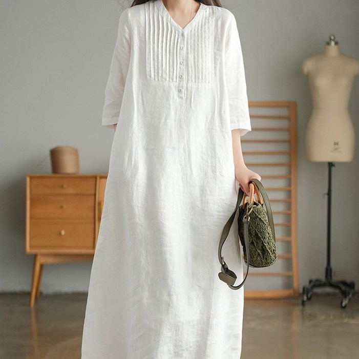 봄 여름 리넨 5분 소매 세련 연상적 패션 원피스 여성용 캐주얼 V넥 얇은 소매 긴 원피스  스타일 더위 흡수