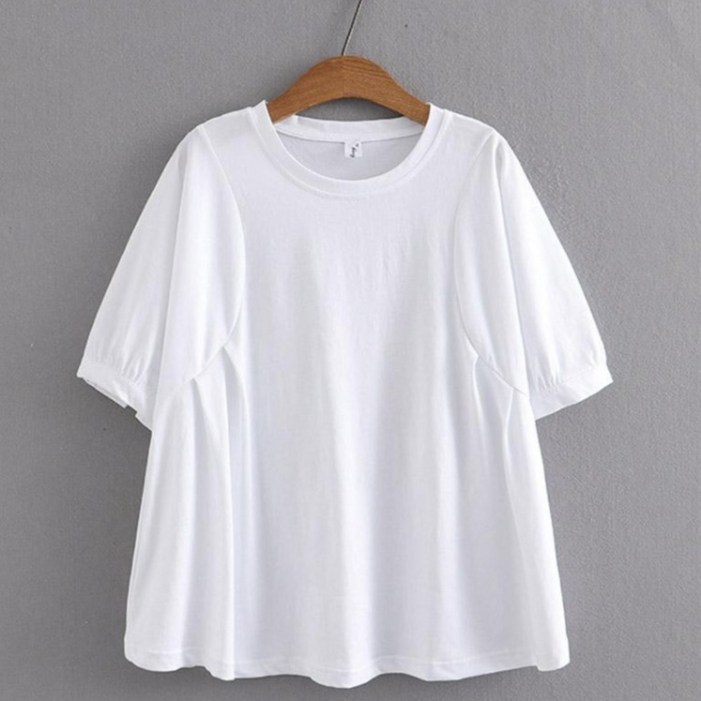 아웃사이즈 C213015 빅사이즈 무지 플레어 A라인 벌룬 퍼프 반팔 티셔츠