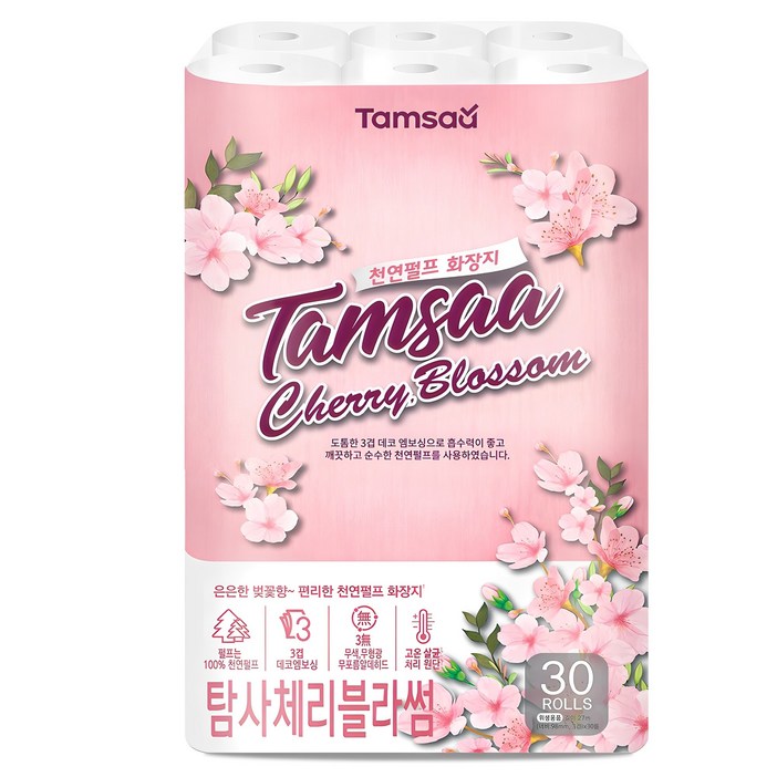 탐사 체리블라썸 천연펄프 3겹 롤화장지, 27m, 30롤, 1개 탐사 체리블라썸 천연펄프 3겹 롤화장지, 27m, 30롤, 1개