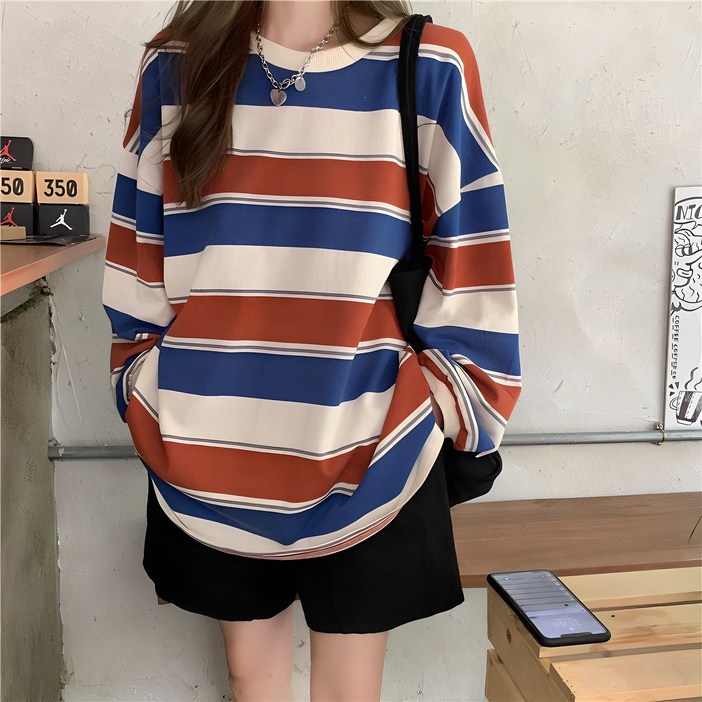 아이엠몽 여성용 알모 삼색 루즈핏 스트라이프 긴팔 티셔츠 아이엠몽 여성용 알모 삼색 루즈핏 스트라이프 긴팔 티셔츠