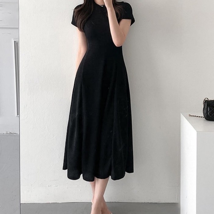 페이퍼먼츠 슬림핏 절개라인 반팔 통기성 롱 원피스 22121